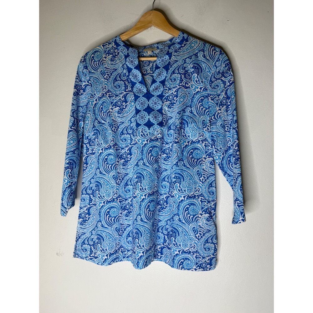 Talbots Petite Blue White Paisley Cotton Tunic Top Split Neck 3/4 Sleeve SP